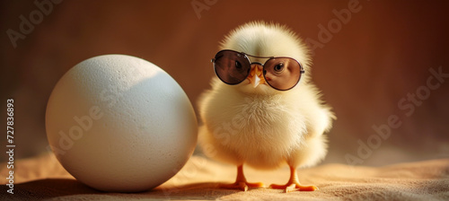 A charming yellow chick sporting a pair of oversized round sunglasses, poised confidently beside a large white egg on a soft, warm-toned background photo