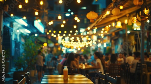 People hanging out having and listening to music together at roadside Restaurant on bokeh background