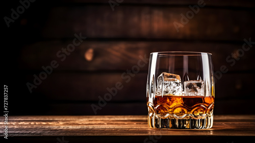 Glass of tasty whiskey on wooden barrel space for text