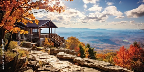 Rustoic rural modern house hotel cabin in the mountains in fall season. Nature outdooe background photo