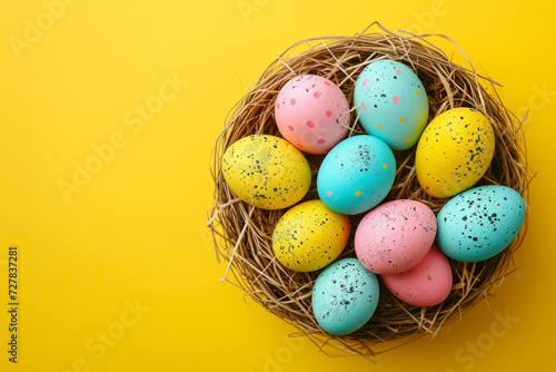 Happy Easter holiday decoration colorful eggs in nest on yellow background with copy space.