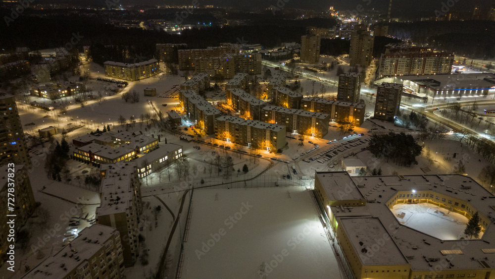 Drone photography of snow cityscape during winter morning