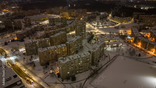 Drone photography of snow cityscape during winter morning