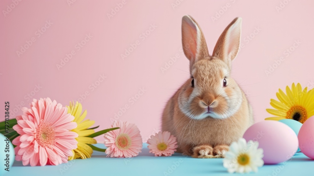Easter Bunny and beautiful flowers on isolated background. easter day concept. generative AI image