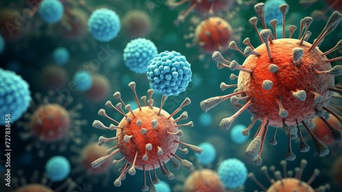 Viruses and leukocytes under a microscope 