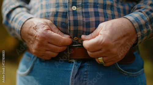 Close-up of a senior man's hands fastening a brown leather belt on jeans.