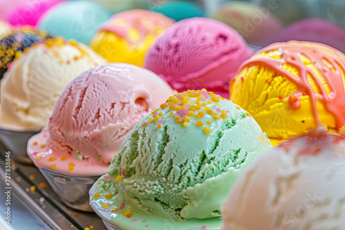 Row of colorful ice cream scoops with decorations