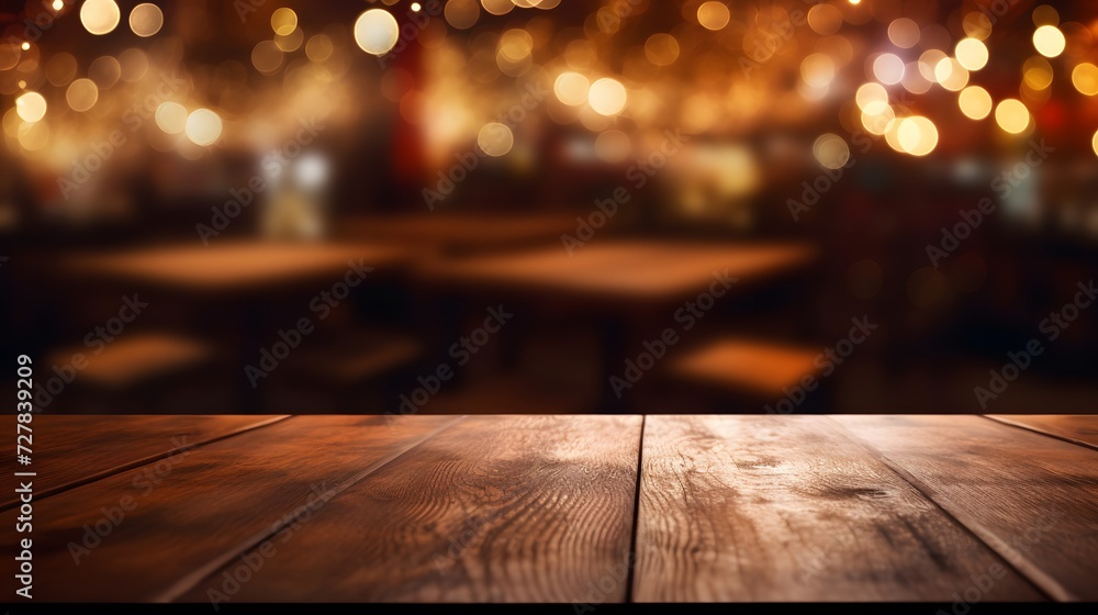 a wooden table with blurry lights in the background