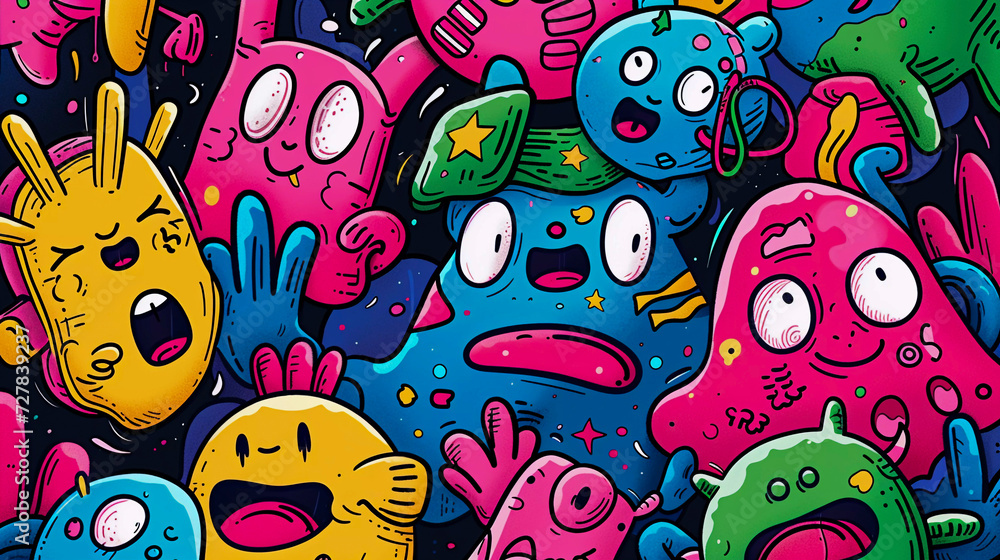 Naklejka premium Doodle monster pattern, Generative AI