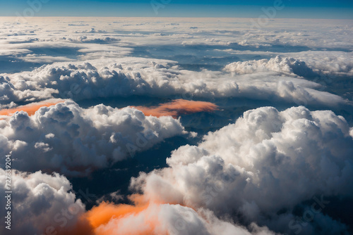 The clumpy clouds are bluish-white to orange in color when seen from a viewpoint above the clouds photo