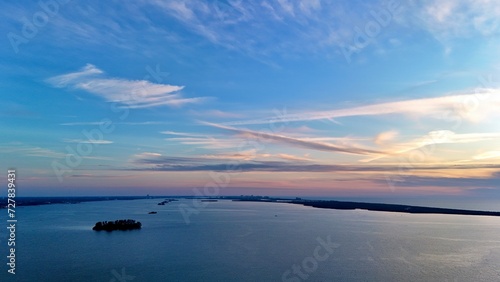A drone photo of beautiful blue sunset the Island at Dunedin Causeway, Florida 