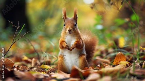 Portrait of a wild funny red squirrel standing in the forest. generative AI image
