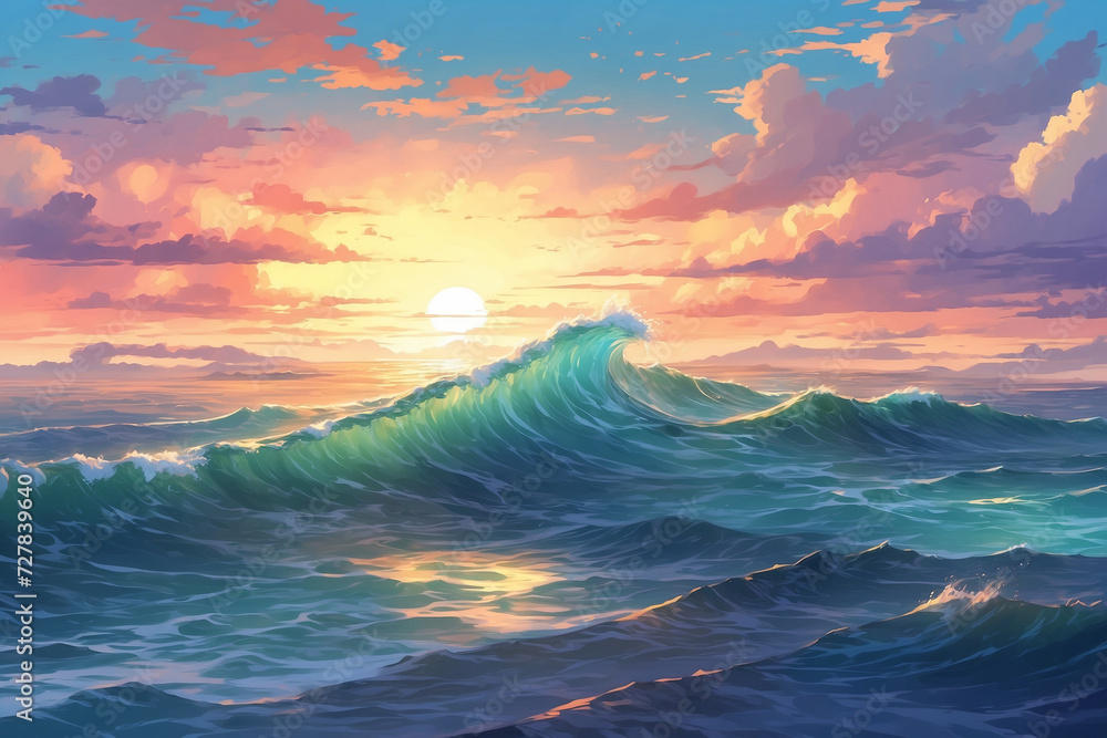 Middle of the choppy Sea at sunset in anime style