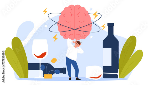 Hangover from alcohol overdose. Tiny drunkard suffering from dizzy problem and nausea, unhappy man with mental stress and strong migraine after booze and liquor party cartoon vector illustration