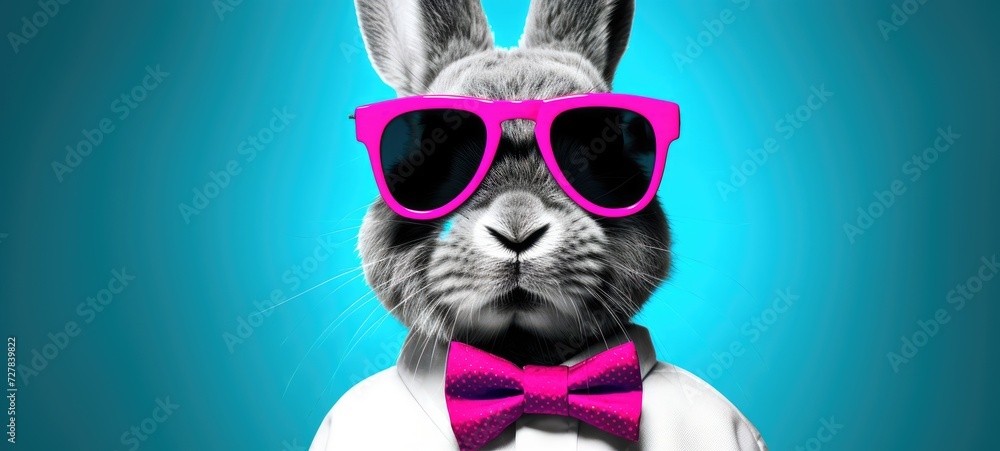 The cuteness factor soars as a rabbit poses confidently in sunglasses against a backdrop of bright blue.