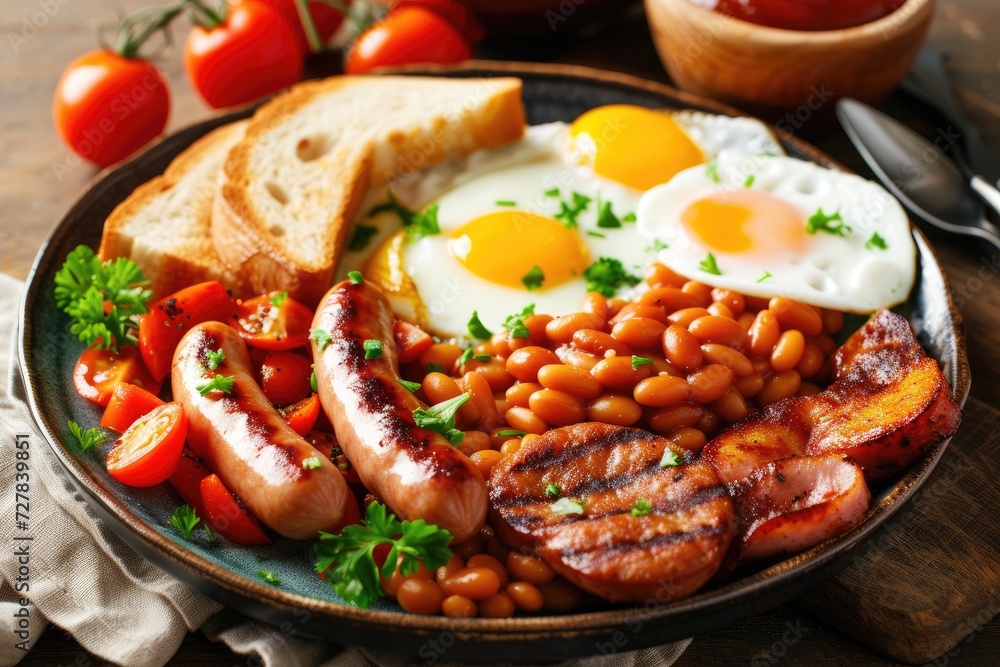 A classic English breakfast with fried eggs, sausages, baked beans, and grilled tomatoes A classic English breakfast with fried eggs, sausages, baked beans, and grilled tomatoes
