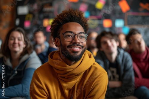 Cheerful young man student wearing glasses and a yellow turtleneck smiles confidently, surrounded by a blurred group of attentive listeners in a casual educational meeting, seminar setting