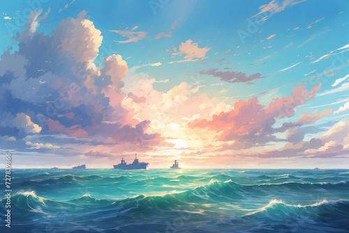 Middle of the choppy Sea during the day in anime style