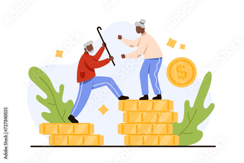 Pension savings, profit for family budget of old couple, financial stability. Tiny grandfather and grandmother climb on gold dollar coins stack, retired people save money cartoon vector illustration