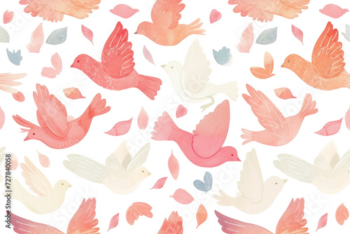 Seamless Pastel Valentine Hearts with Birds