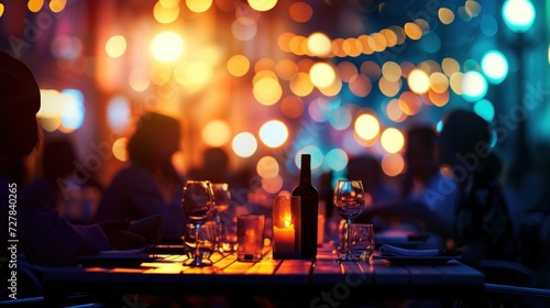 People hanging out having and listening to music together at roadside Restaurant on bokeh background photo
