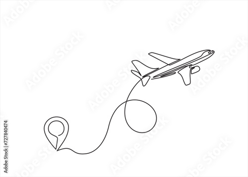 Single line drawing of airplane flight path with start point, one line art of jet airliner takeoff, a continuous line concept for tourism or commercial airlines