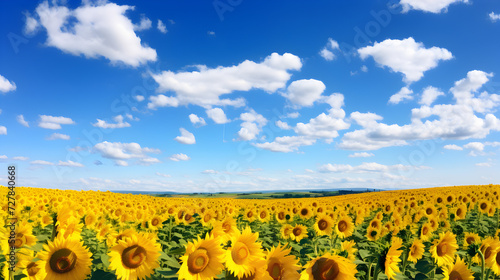 Green sunflower field and blue sky
