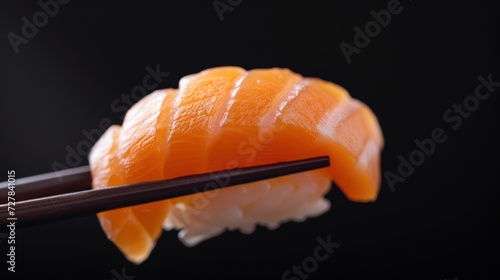 Close up of Salmon Sushi nigiri in chopsticks on black background. generative AI image