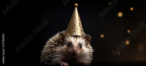A festive hedgehog wearing a birthday hat, joyfully engaged in the celebration, with plenty of space for additional content. photo