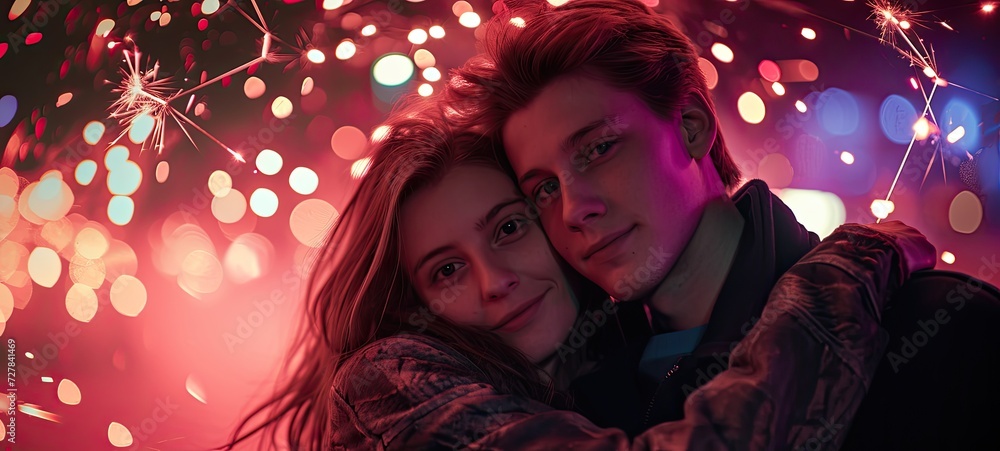The tender moments of a couple sharing affection illuminated by exploding fireworks, capturing love in a dazzling display. The tender moments of a couple sharing affection illuminated by exploding fireworks, capturing love in a dazzling display.