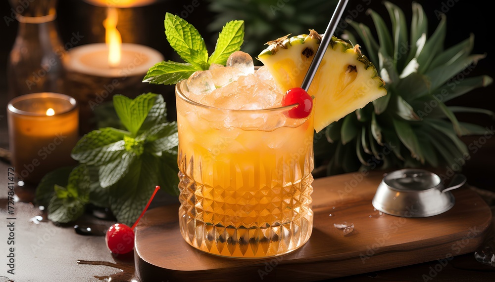 Fototapeta premium Mai tai cocktail with pineapple slice and cherry on top. Mai tai in a glass with straw. Exotic cocktail of mai tai for summertime