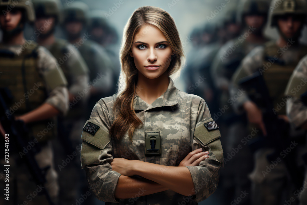 Fototapeta premium Captivating Young Female Soldier with Curly Blond Hair, Posing with an Army Rifle in Green Camouflage Uniform against a Red Danger Background