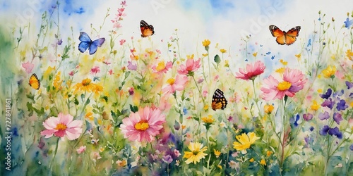 Watercolor painting of wildflowers and butterflies on sky background.