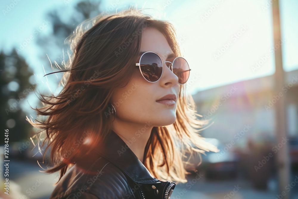 woman walking outside, with sunglasses on to protect her eyes from the bright sunlight woman walking outside, with sunglasses on to protect her eyes from the bright sunlight