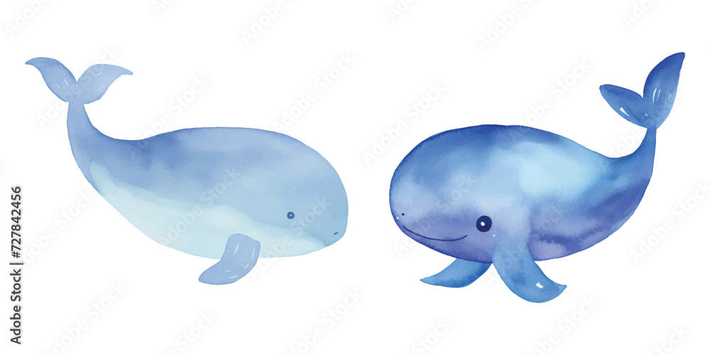 cute blue whale watercolor vector illustration