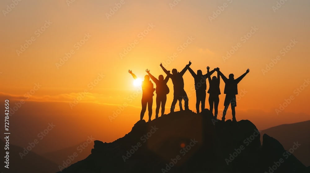 Silhouette of group happy business team making high hands over head in beautiful sunset sky evening time for business success and teamwork concept in company