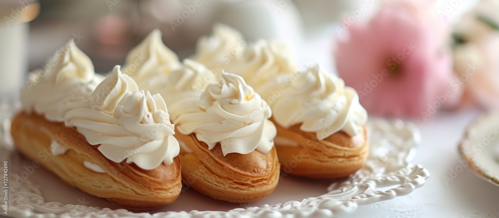 Deliciously Yummy Eclairs: Cream Served Over a White Canvas of Yumminess Deliciously Yummy Eclairs: Cream Served Over a White Canvas of Yumminess