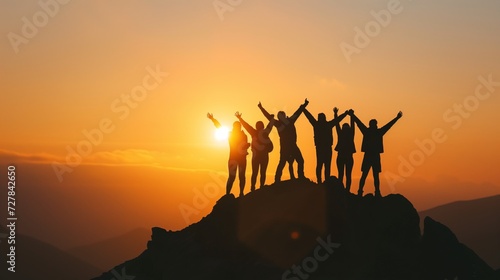 Silhouette of group happy business team making high hands over head in beautiful sunset sky evening time for business success and teamwork concept in company