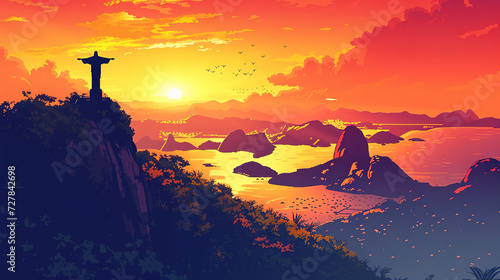 Beautiful scenic view of Christ the Redeemer in Brazil during sunrise in landscape comic style.