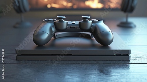 Standard gamepad, headphones and game console. 3d rendering