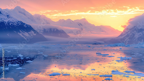 Beautiful scenic view of Hubbard Glacier in Alaska during sunrise in landscape comic style. photo