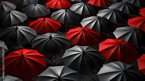 Group of red and black umbrellas sitting in crowd
