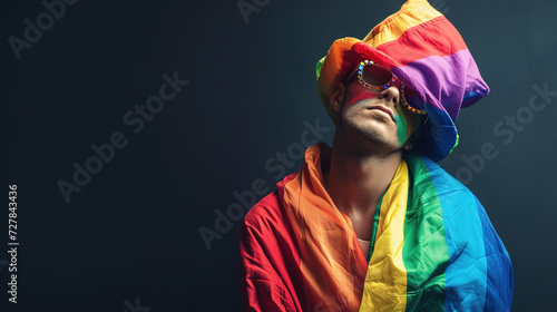 Cool looking gay wearing rainbow costume isolated on dark background withh copyspace for text. LGBTQ and pride month concept.