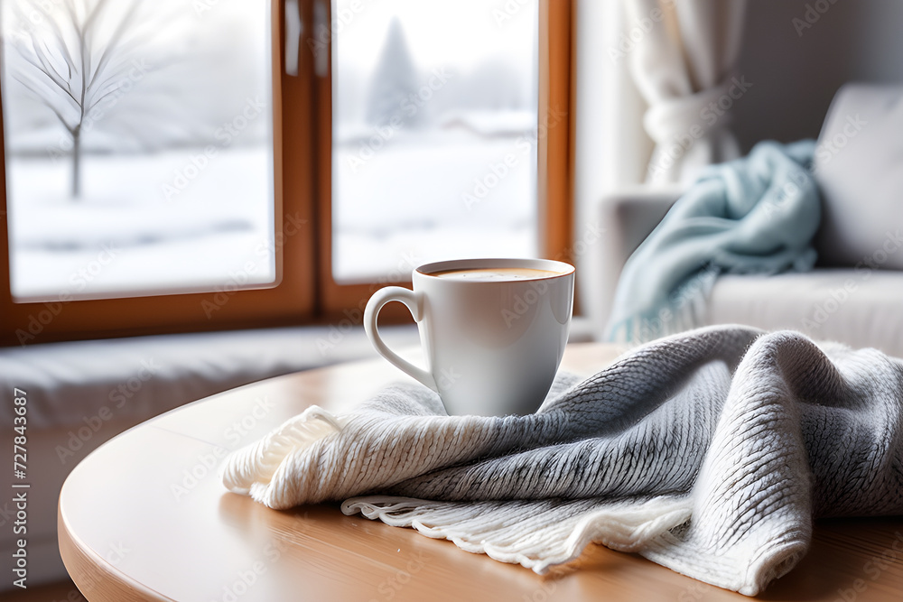 Details of a still life in the living room of a home interior. White cup of coffee and scarf near a frozen window. Cozy spring winter concept. Playground AI platform Details of a still life in the living room of a home interior. White cup of coffee and scarf near a frozen window. Cozy spring winter concept. Playground AI platform
