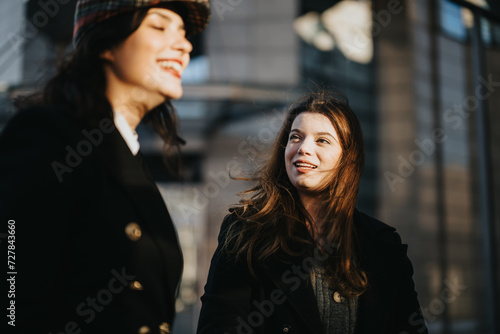 Two women enjoy a cheerful moment together on a city street, exuding warmth, friendship, and a carefree urban lifestyle.