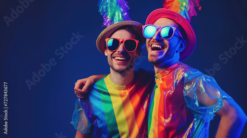 Cool looking gay couple wearing rainbow costume isolated on dark background withh copyspace for text. LGBTQ and pride month concept.