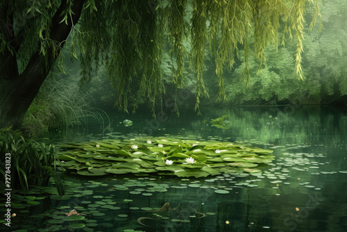 pond with lily pads and a frog  with a weeping willow tree