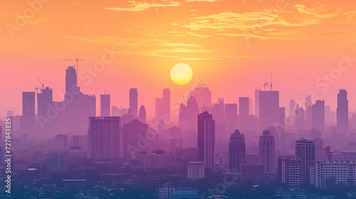 Beautiful scenic view of Bangkok, Thailand during sunrise in landscape comic style. © Tepsarit