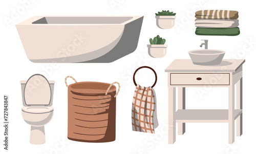 bathroom items set. mirror shelf bath shampoo persil towels shower, bath accessories and furniture set, toothbrush, sink. vector cartoon items set with isolated objects.