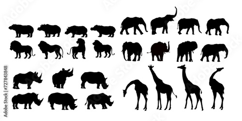 Set of African animals silhouettes  Elephant  hippopotamus  giraffe  rhinoceros  lion 